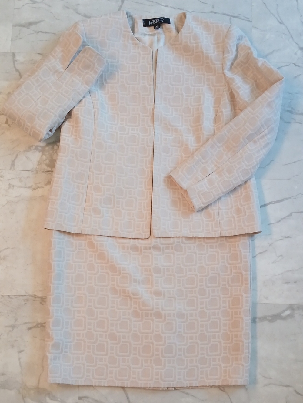 Kasper Cream Geometric Jacquard Jacket & Skirt